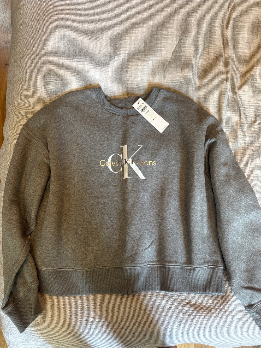 Calvin Klein Men's Gray Crewneck Sweater with White Logo